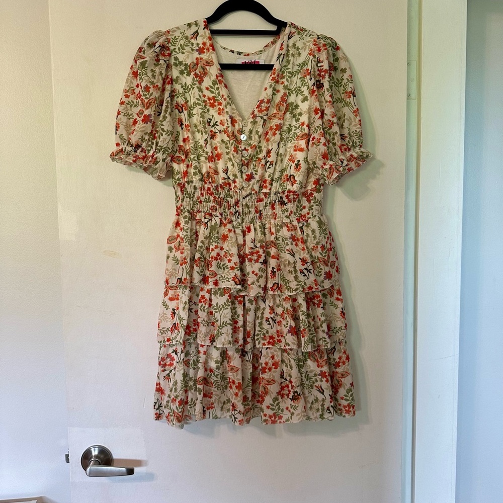 Floral Tiered Mini Dress in Cream and Coral